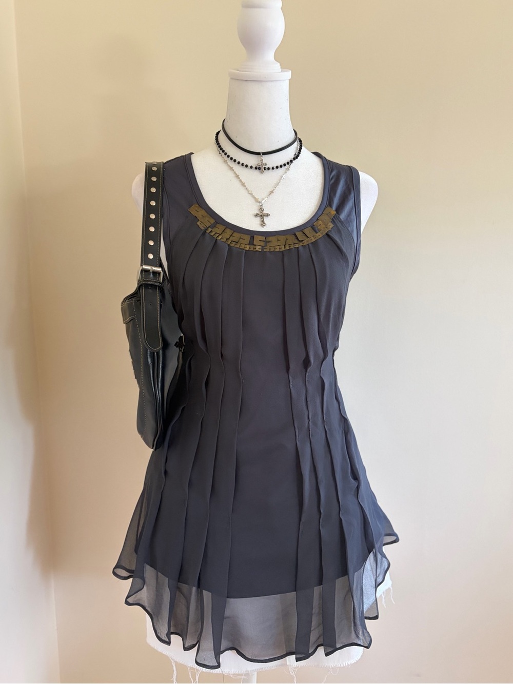 Vintage rockstar gf beaded mcbling grunge gray chiffon babydoll top boho Y2K XS